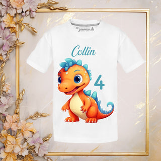 Kinder Jungen Öko-Text T-Shirt Dinosaurier personalisiert, mit Wunschname, Zahl, Geburtstag